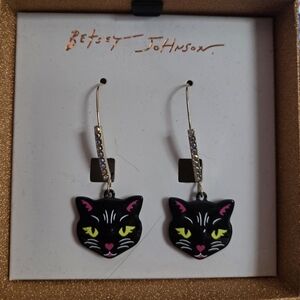 Betsey Johnson Black Cat With Crystals Wire Drop Earrings